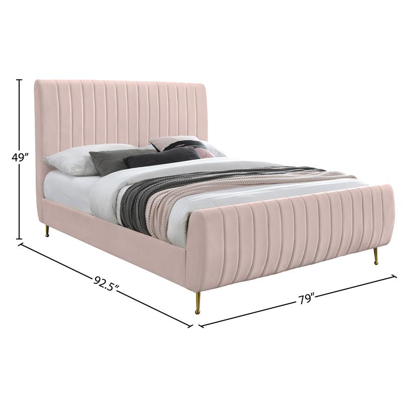 Pemberly Row Deep Detailed Channel Tufted Rich Pink Velvet King Bed