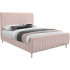 Pemberly Row Deep Detailed Channel Tufted Rich Pink Velvet King Bed