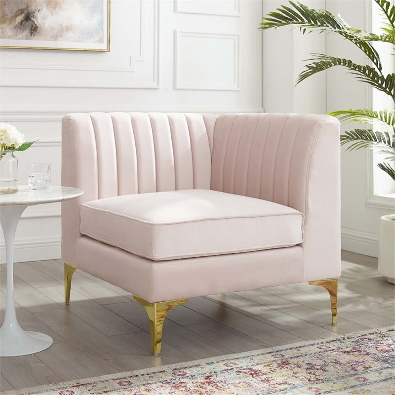 Pemberly Row Modern Channel Tufted Performance Velvet Corner Chair in Pink