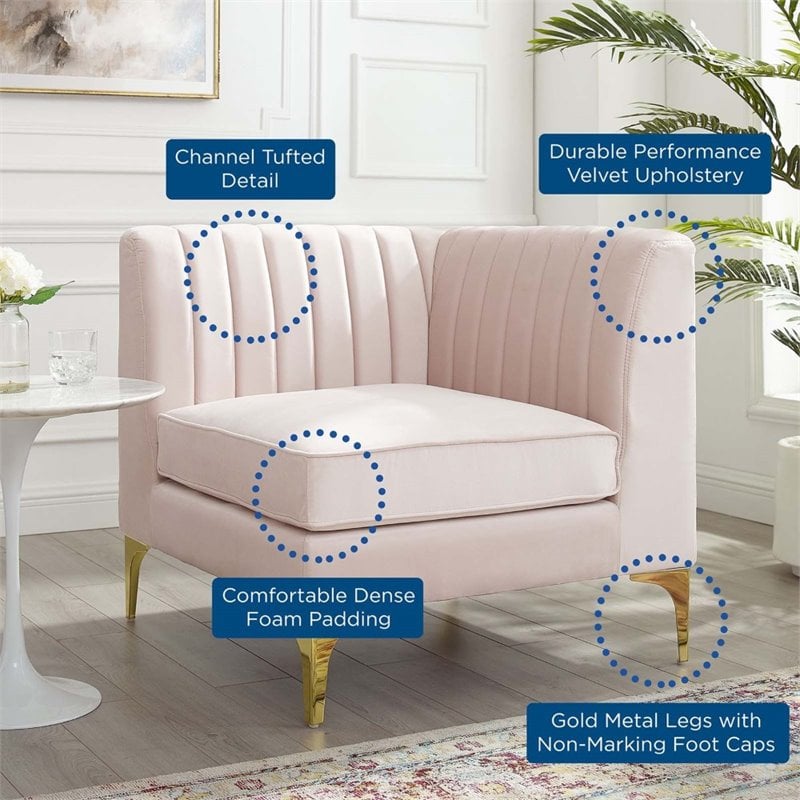 Pemberly Row Modern Channel Tufted Performance Velvet Corner Chair in Pink