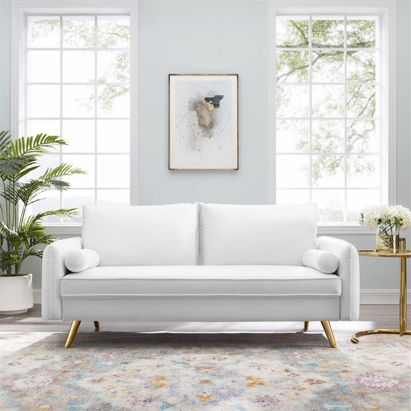 Pemberly Row Modern Performance Velvet & Metal Sofa in White / Gold