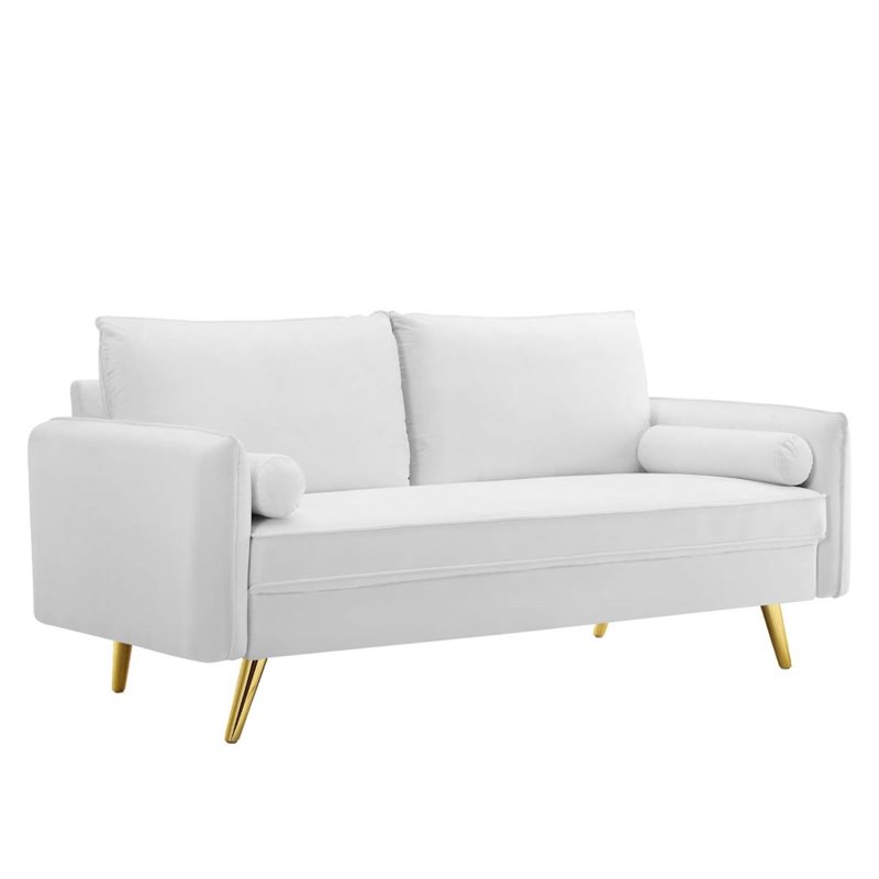 Pemberly Row Modern Performance Velvet & Metal Sofa in White / Gold
