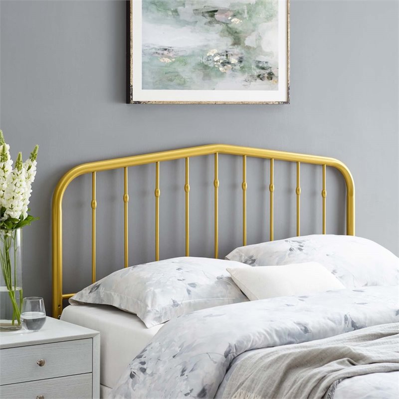 Pemberly Row Contemporary Modern Full Metal Spindle Headboard in Gold