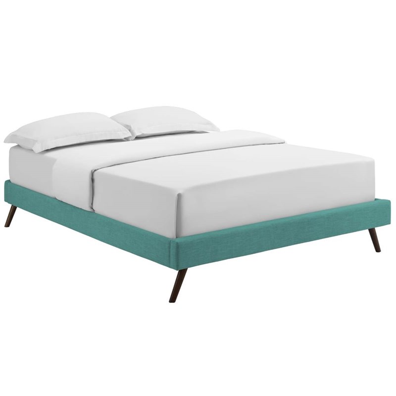Pemberly Row King Polyester Fabric Bed Frame with Round Splayed Legs in Teal
