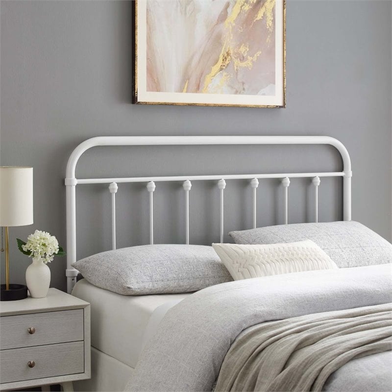 Pemberly Row Full Modern Powder Coated Iron Headboard in White Finish