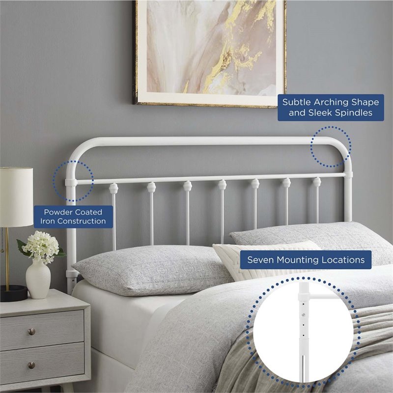 Pemberly Row Full Modern Powder Coated Iron Headboard in White Finish