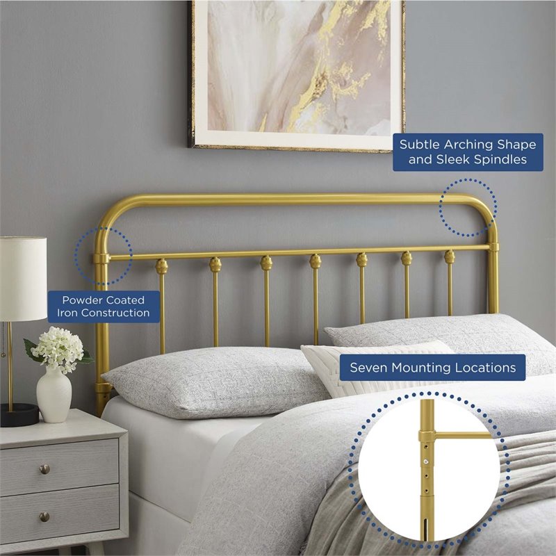 Pemberly Row Queen Modern Powder Coated Iron Headboard in Gold Finish