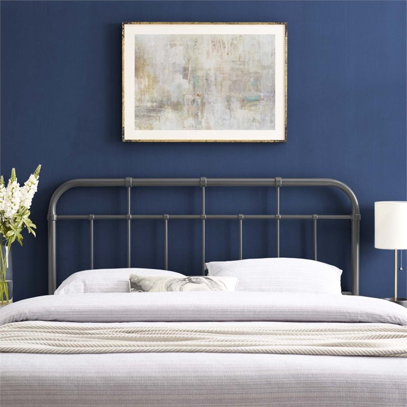 Pemberly Row Modern Farmhouse Queen Metal Spindle Headboard in Gray