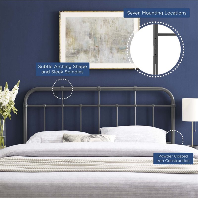 Pemberly Row Modern Farmhouse Queen Metal Spindle Headboard in Gray