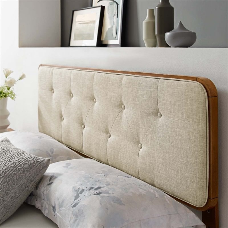 Pemberly Row Tufted King Fabric and Wood Headboard in Walnut / Beige