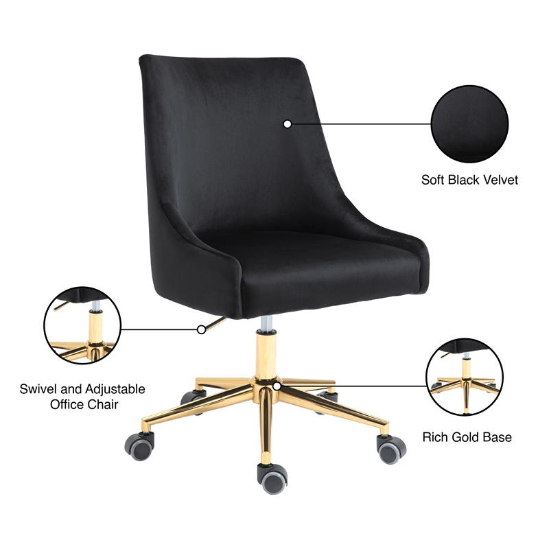 Pemberly Row Swivel Adjustable Black Velvet and Gold Office Chair