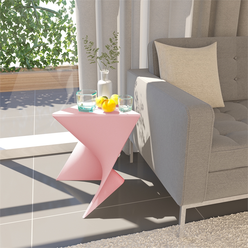 Pemberly Row Modern Plastic Triangle End Table in Pink Finish