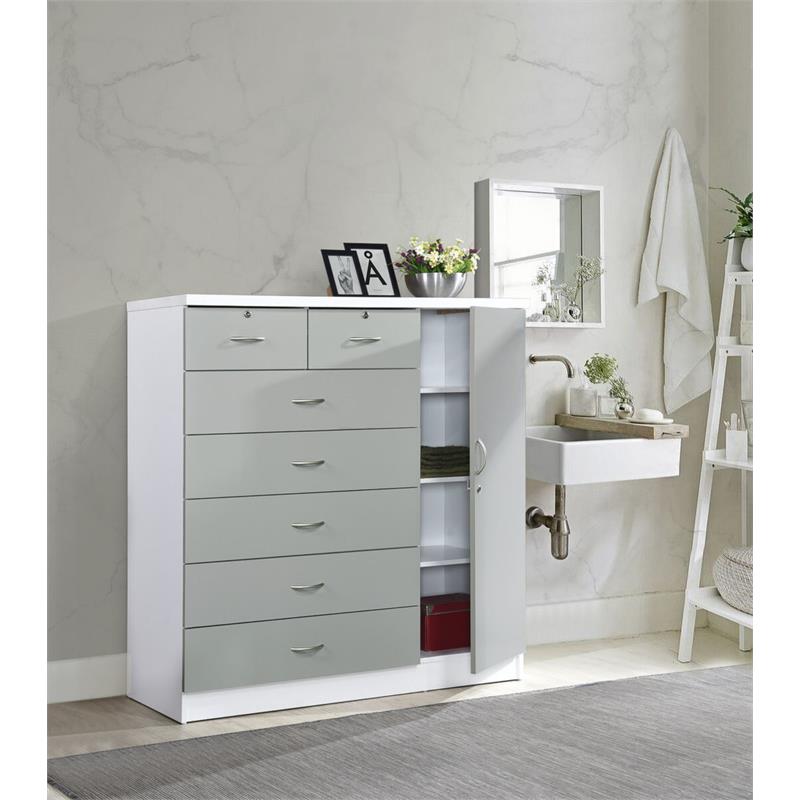 Pemberly Row 7 Drawer Chest with Locks on 2 Drawers and 1 Door in Gray Wood
