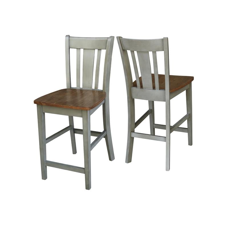 Pemberly Row Solid Wood CounterHeight Stool in Distressed Hickory / Stone