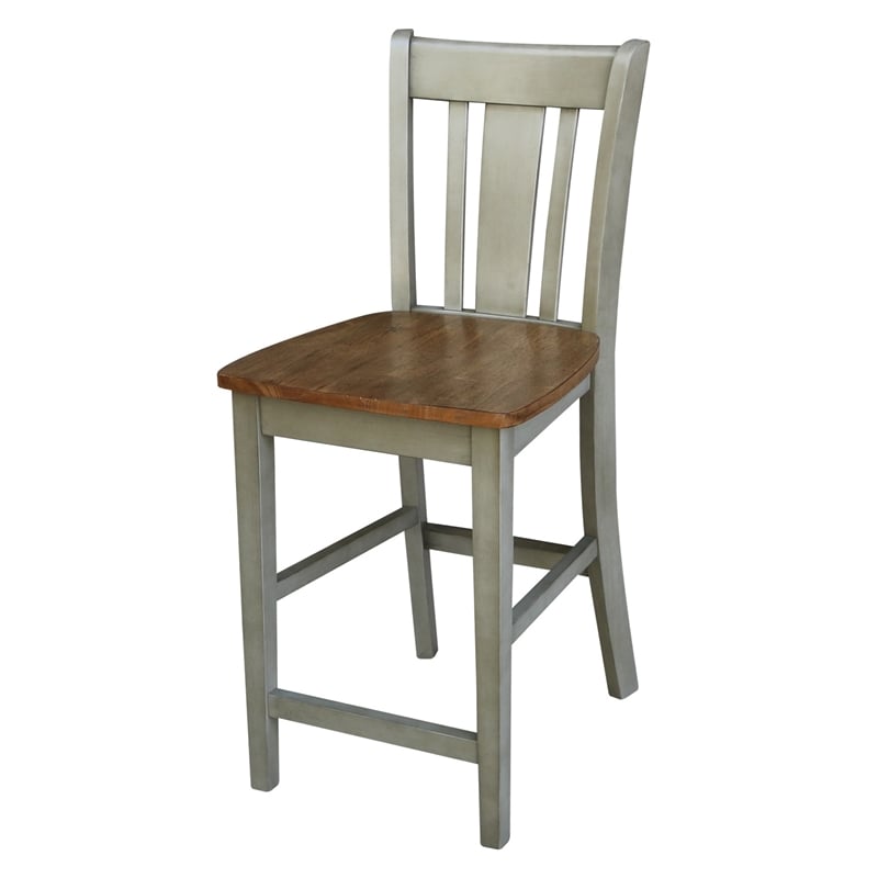 Pemberly Row Solid Wood CounterHeight Stool in Distressed Hickory / Stone