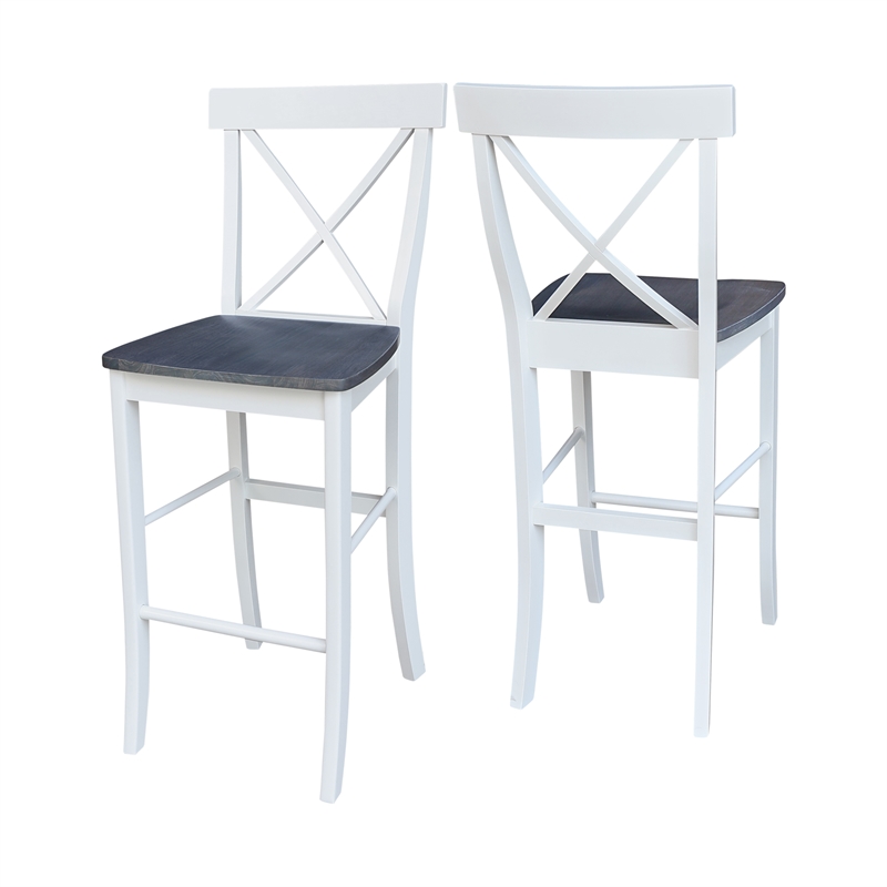 Pemberly Row X-back Solid Wood Bar Height Stool in White and Heather Gray