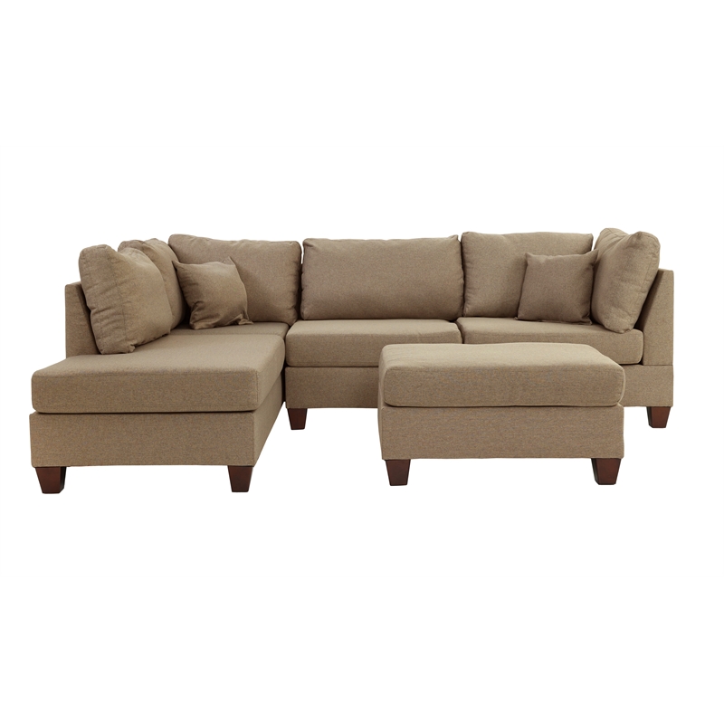 Pemberly Row 3 Piece Fabric Sectional Sofa Set with Ottoman in Sand Brown