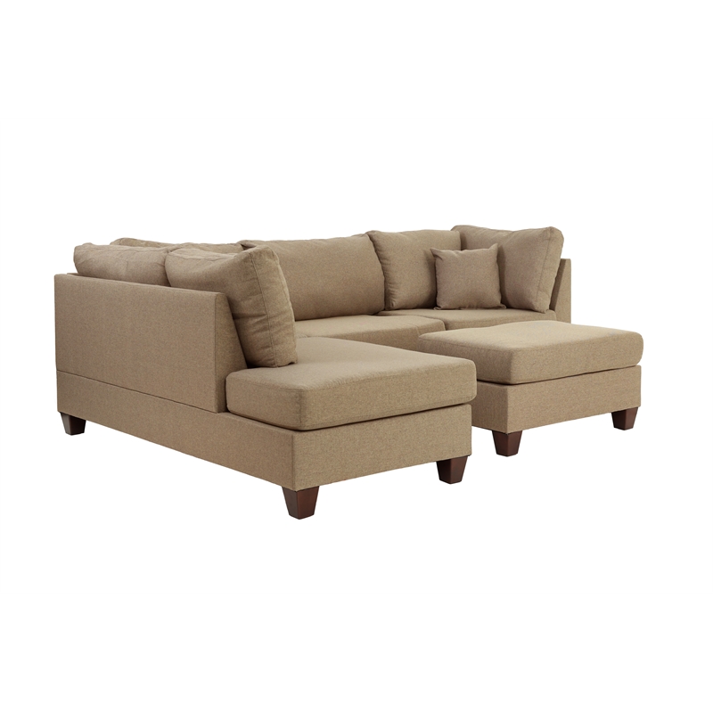 Pemberly Row 3 Piece Fabric Sectional Sofa Set with Ottoman in Sand Brown