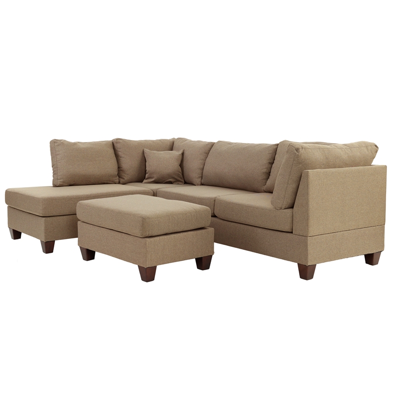 Pemberly Row 3 Piece Fabric Sectional Sofa Set with Ottoman in Sand Brown