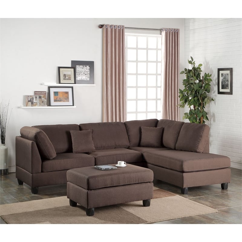 Pemberly Row 3 Piece Fabric Sectional Sofa Set with Ottoman in Chocolate Brown