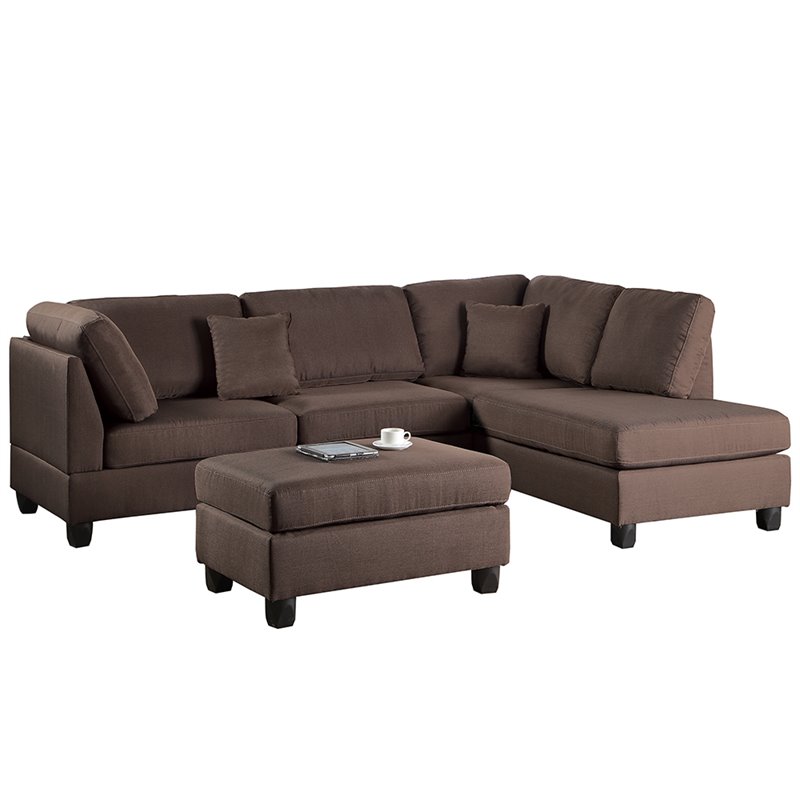 Pemberly Row 3 Piece Fabric Sectional Sofa Set with Ottoman in Chocolate Brown
