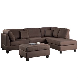 Pemberly Row 3 Piece Fabric Sectional Sofa Set with Ottoman in Chocolate Brown
