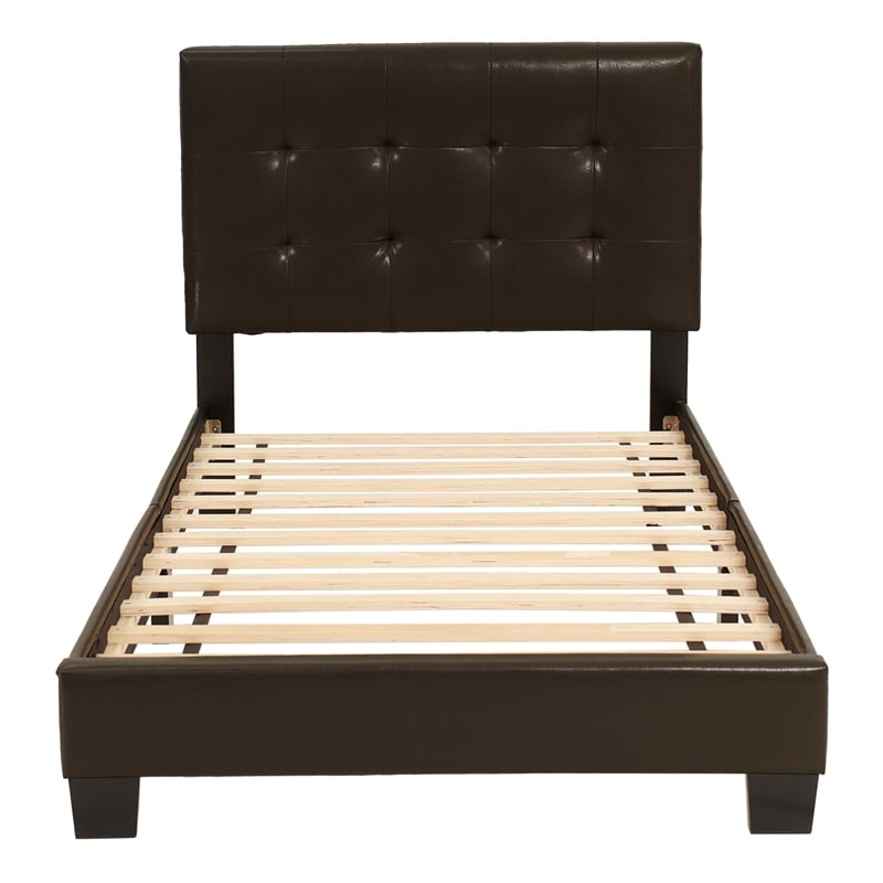 Pemberly Row Twin Faux Leather Bed Frame with Slats in Brown
