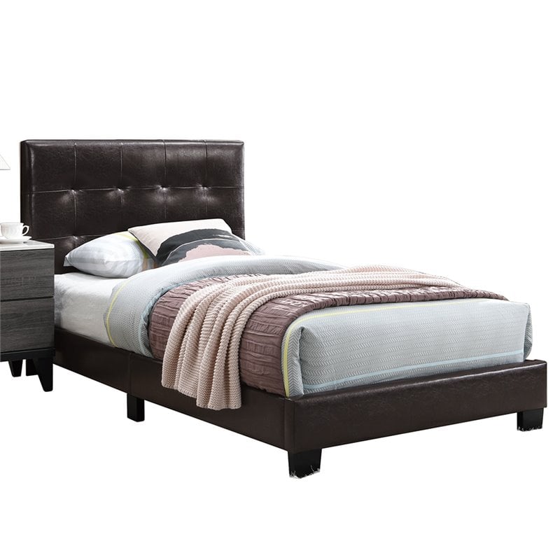 Pemberly Row Twin Faux Leather Bed Frame with Slats in Brown