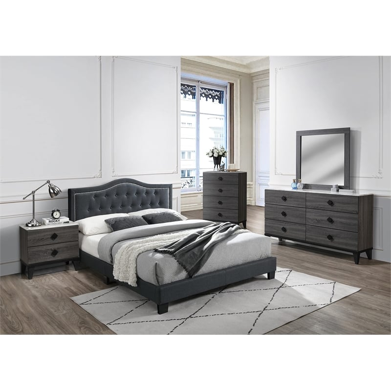 Pemberly Row Twin Burlap Fabric Upholstered Bed Frame with Slats in Charcoal