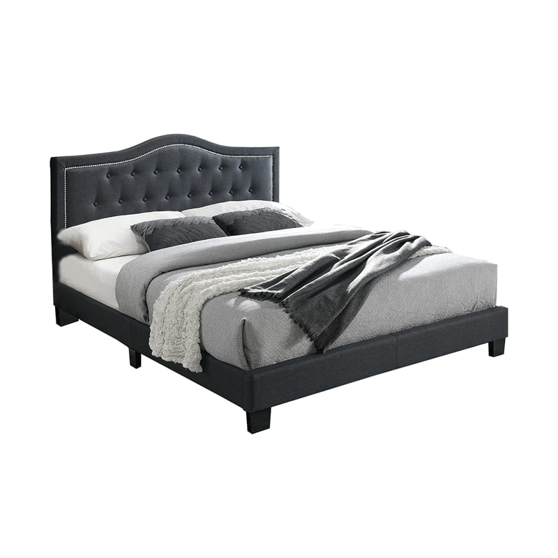 Pemberly Row Twin Burlap Fabric Upholstered Bed Frame with Slats in Charcoal