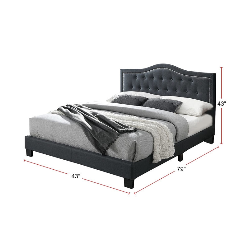Pemberly Row Twin Burlap Fabric Upholstered Bed Frame with Slats in Charcoal