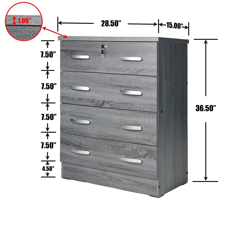 Pemberly Row 4 Drawer Chest Wood Dresser with Lock in Gray Oak