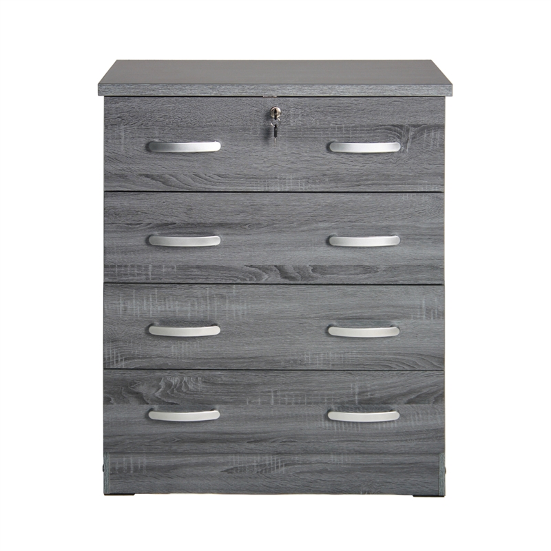 Pemberly Row 4 Drawer Chest Wood Dresser with Lock in Gray Oak