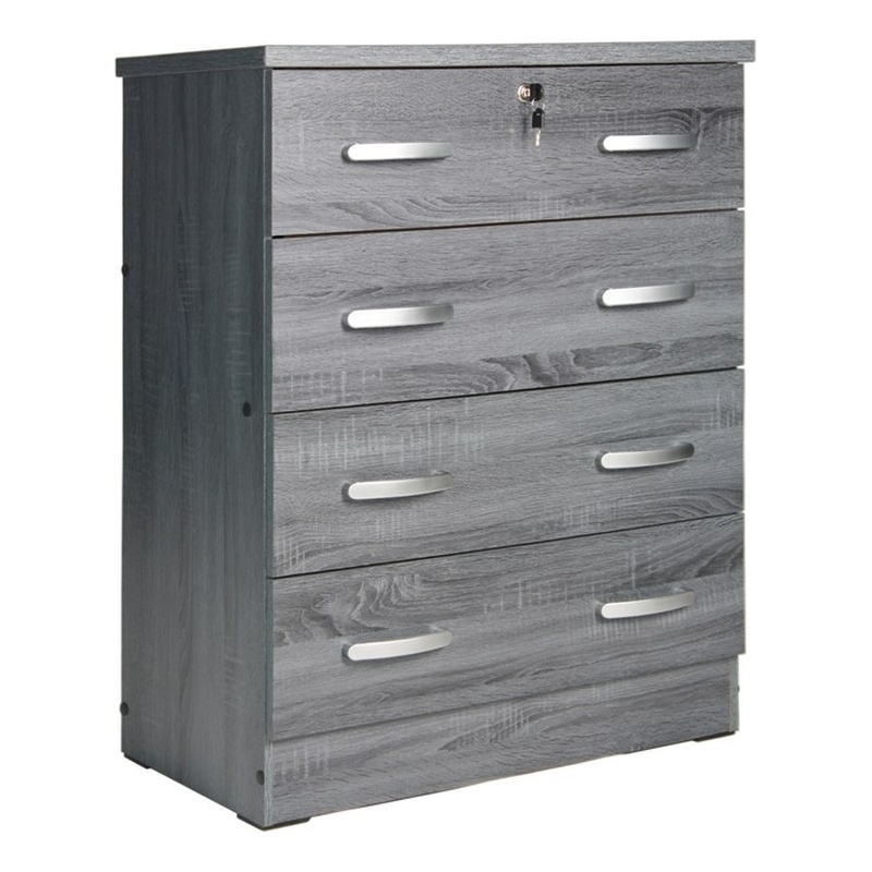 Pemberly Row 4 Drawer Chest Wood Dresser with Lock in Gray Oak