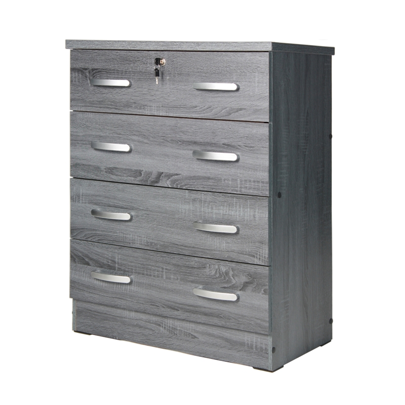 Pemberly Row 4 Drawer Chest Wood Dresser with Lock in Gray Oak