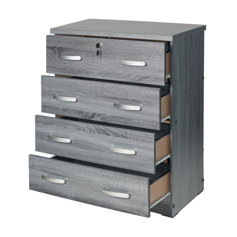 Pemberly Row 4 Drawer Chest Wood Dresser with Lock in Gray Oak