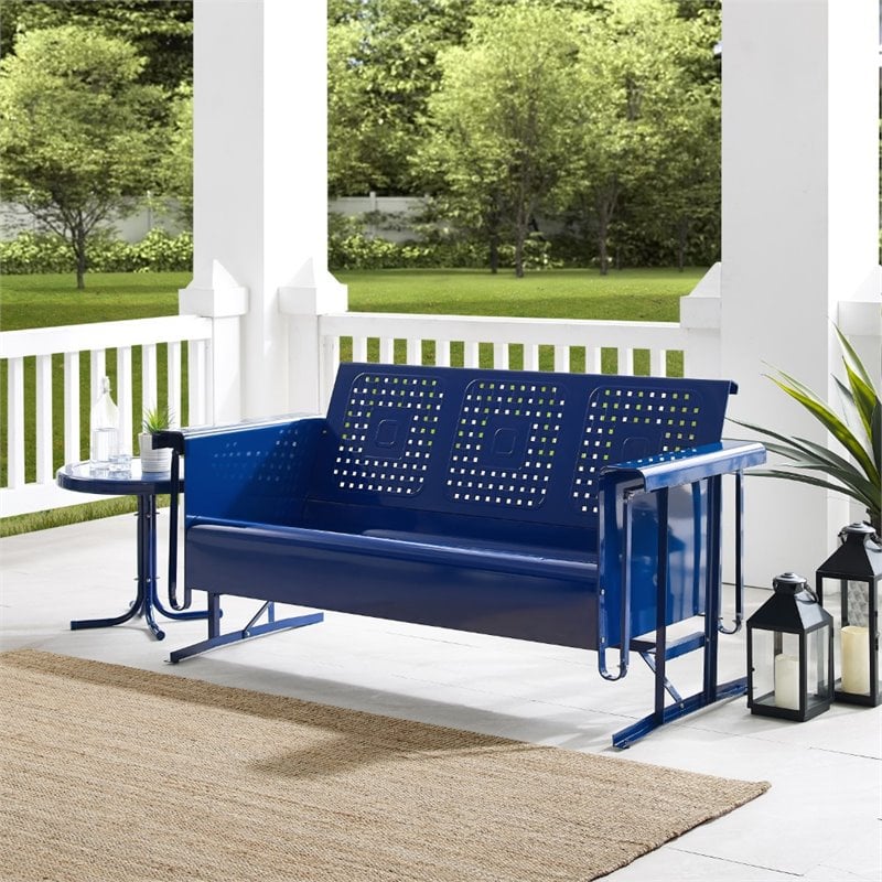 Pemberly Row Modern Retro Metal Patio Sofa Glider in Glossy Navy