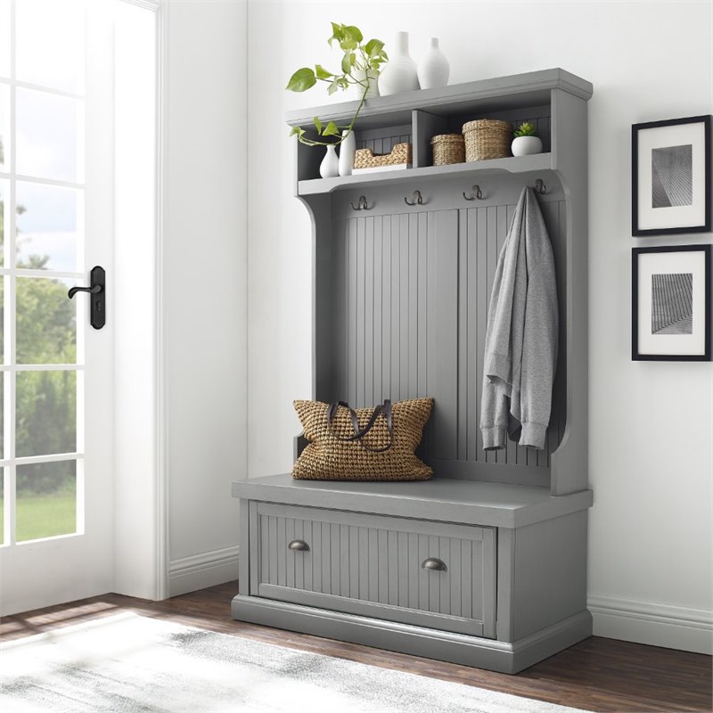 Pemberly Row Coastal Wood Hall Tree in Distressed Gray and Chrome