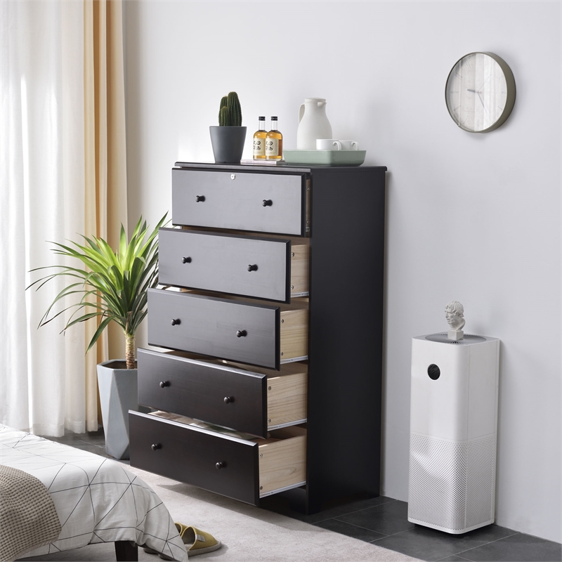 Pemberly Row Solid Pine Wood 5 Drawer Chest Dresser in Tobacco