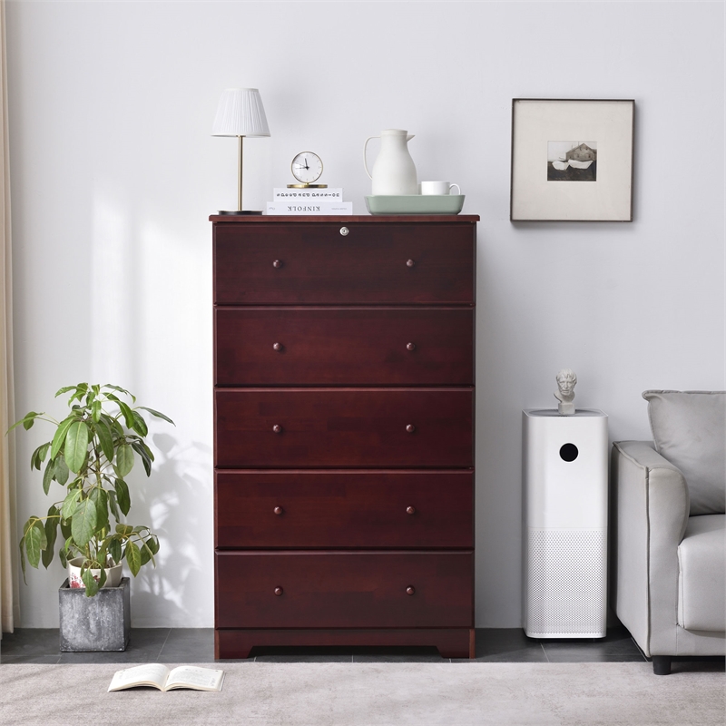 Pemberly Row Solid Pine Wood 5 Drawer Chest Dresser in Mahogany