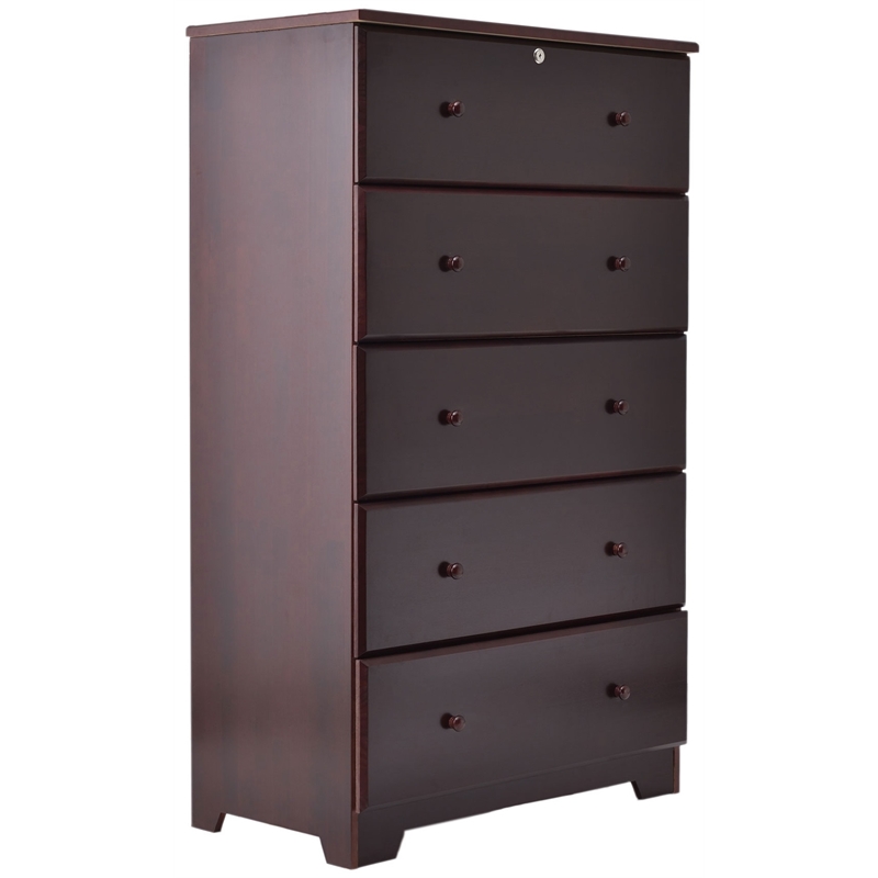 Pemberly Row Solid Pine Wood 5 Drawer Chest Dresser in Mahogany