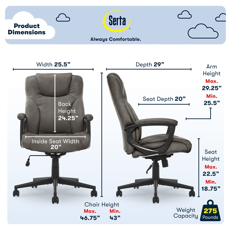 Pemberly Row Contemporary Office Chair Gray Finish Bonded Leather