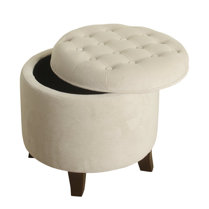 Pemberly Row Round Transitional Wood and Velvet Storage Ottoman in Cream