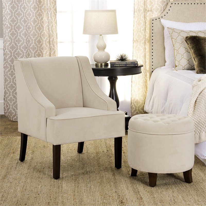 Pemberly Row Round Transitional Wood and Velvet Storage Ottoman in Cream