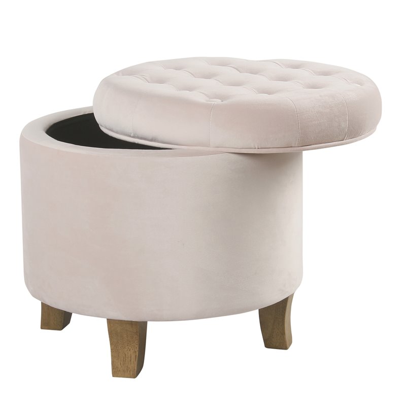 Pemberly Row Round Transitional Wood and Velvet Storage Ottoman in Pink