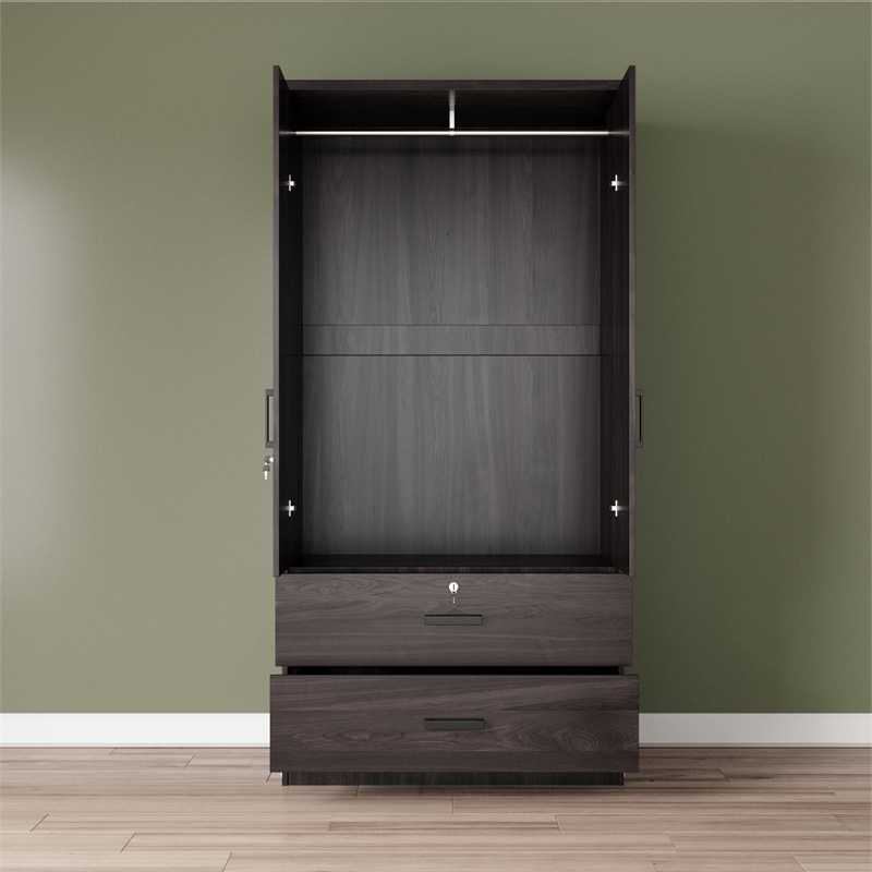 Pemberly Row Wood 2-Door Wardrobe Armoire with 2-Drawers Tobacco