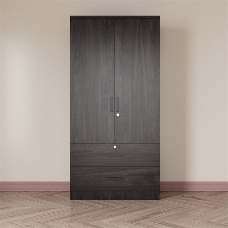 Pemberly Row Wood 2-Door Wardrobe Armoire with 2-Drawers Tobacco