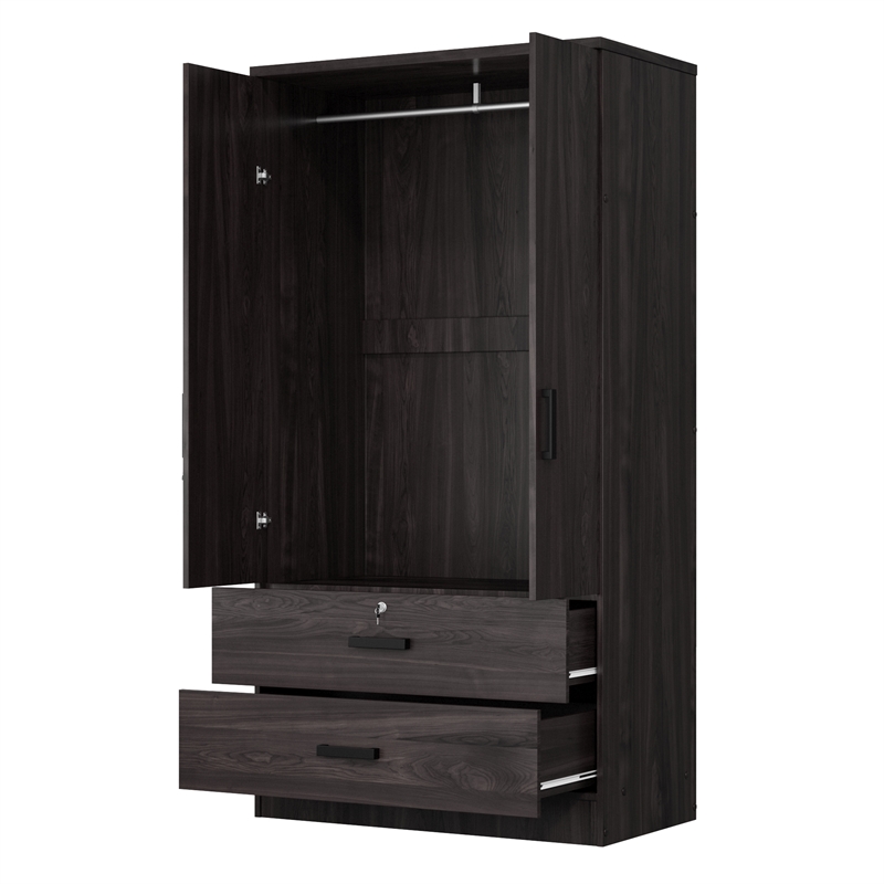 Pemberly Row Wood 2-Door Wardrobe Armoire with 2-Drawers Tobacco