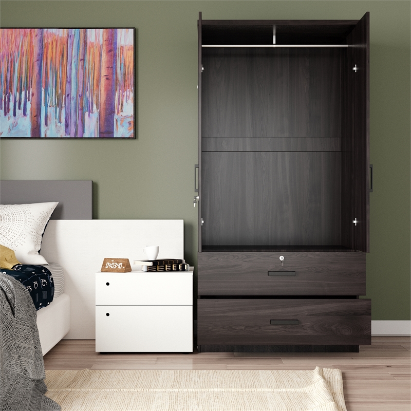 Pemberly Row Wood 2-Door Wardrobe Armoire with 2-Drawers Tobacco