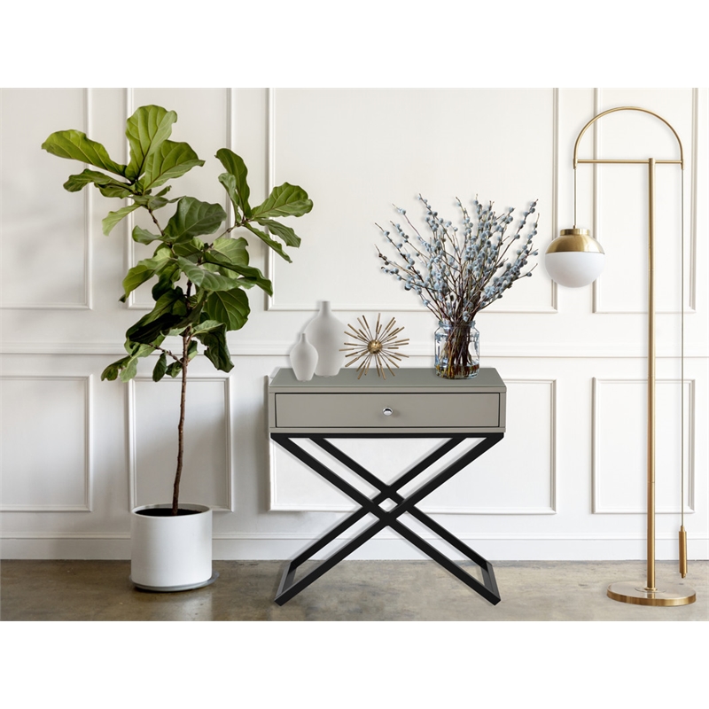 Pemberly Row Taupe Gray Engineered Wood Side Table Nightstand with Glass Top
